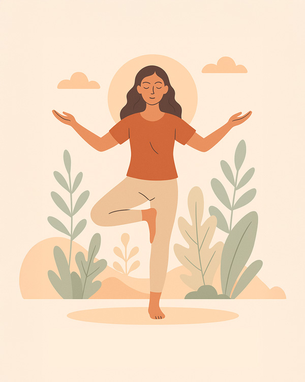 Illustration einer Frau in der Indian-Balance-Körperhaltung – Achtsamkeitsübung in Balance und Bewegung, begleitet von Stefanie Hennig, Naturcoach