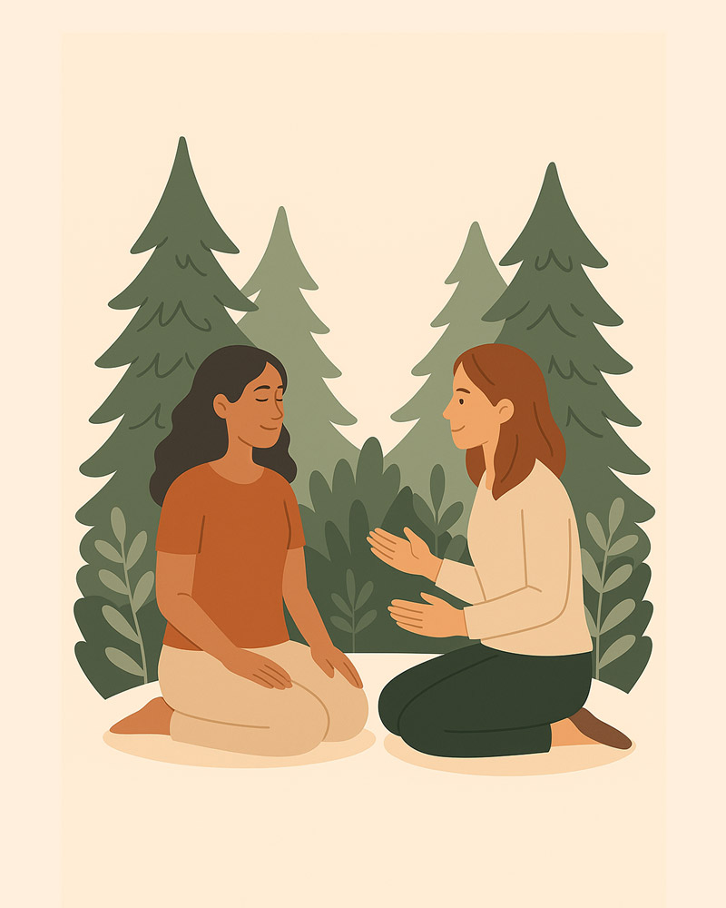 Zwei Frauen im Naturcoaching – achtsames Gespräch im Wald, in Verbindung ohne Berührung